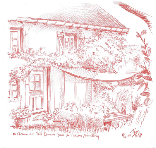 Illustration: Fransk landhus fra haven