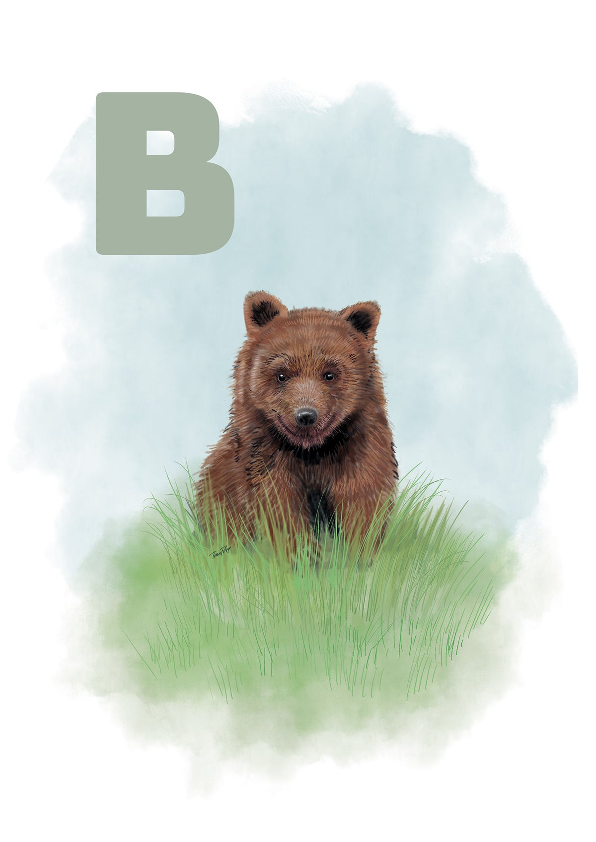 Dansk ABC Plakat med B for bjørn i grå og grønne farver