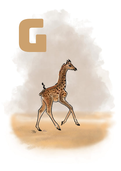 Dansk ABC plakat med G for giraf i grå farver